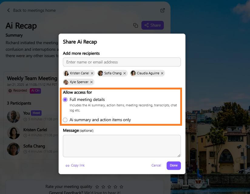 Meeting recap sharing options with participants and access settings highlighted for clarity.