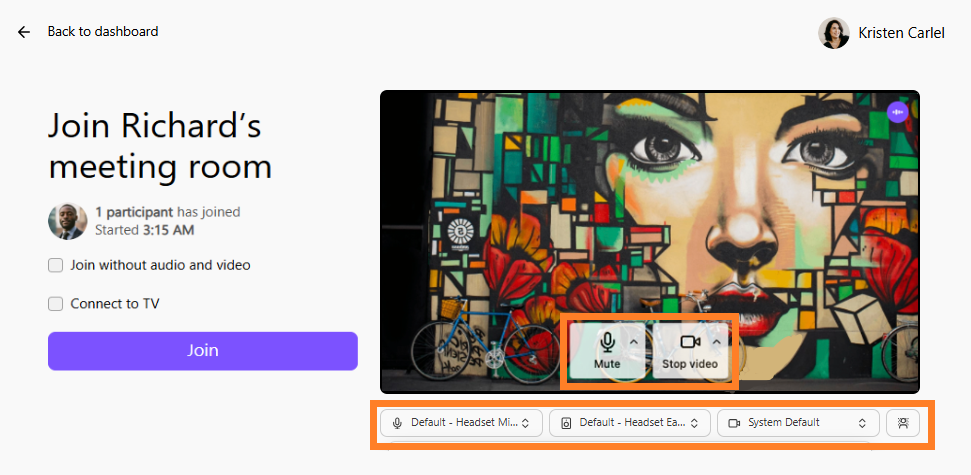 Join Richard's meeting room with options to mute and stop video.