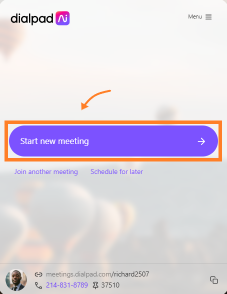 User interface showing options to start or join a meeting on Dialpad.