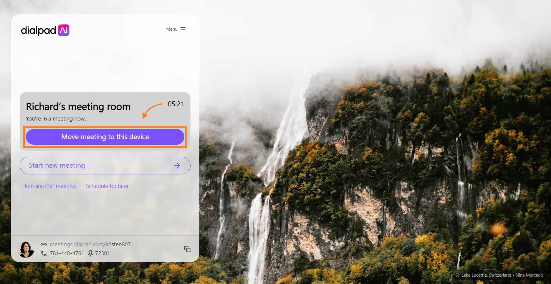 Dialpad interface showing Richard's meeting room with options to move the meeting.