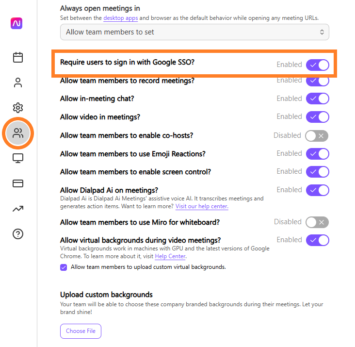 Settings menu showing options for meeting permissions and Google SSO requirement.