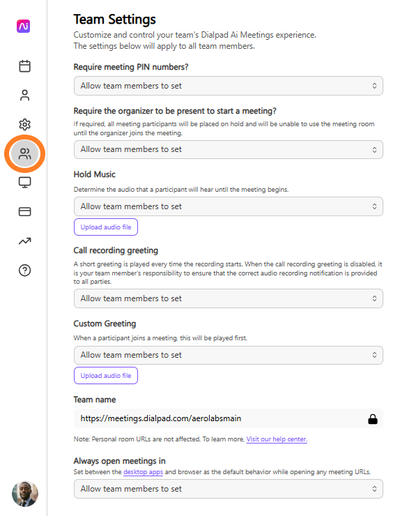 Settings for Dialpad AI Meetings, including PIN requirements and greeting options.