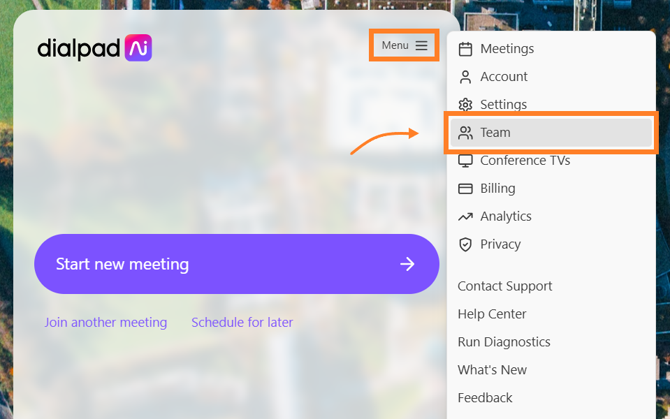 Menu options for Dialpad AI, highlighting the Team section and meeting features.