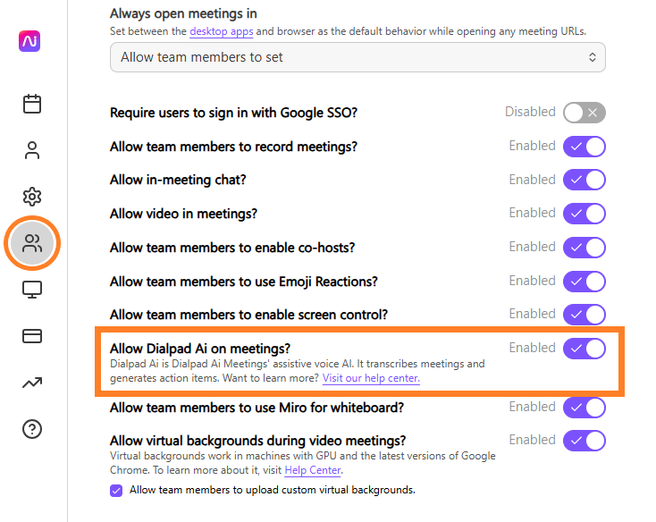 Settings menu showing options for enabling Dialpad AI in meetings.