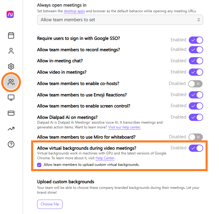 Settings menu showing options for virtual backgrounds and meeting permissions.