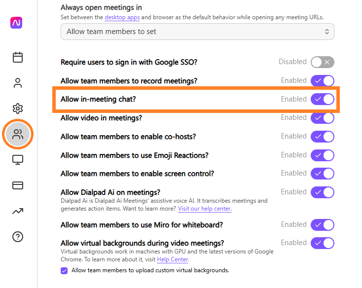 Settings menu showing options for enabling in-meeting chat and other features.