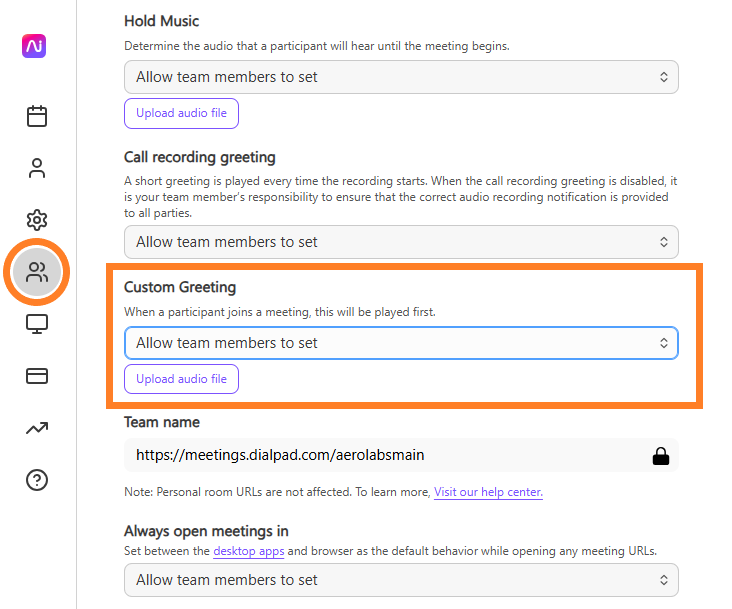 Settings for custom greeting and audio file upload in a meeting interface.