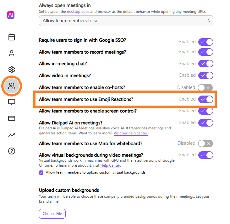 Settings menu showing options for team members, including enabling emoji reactions.