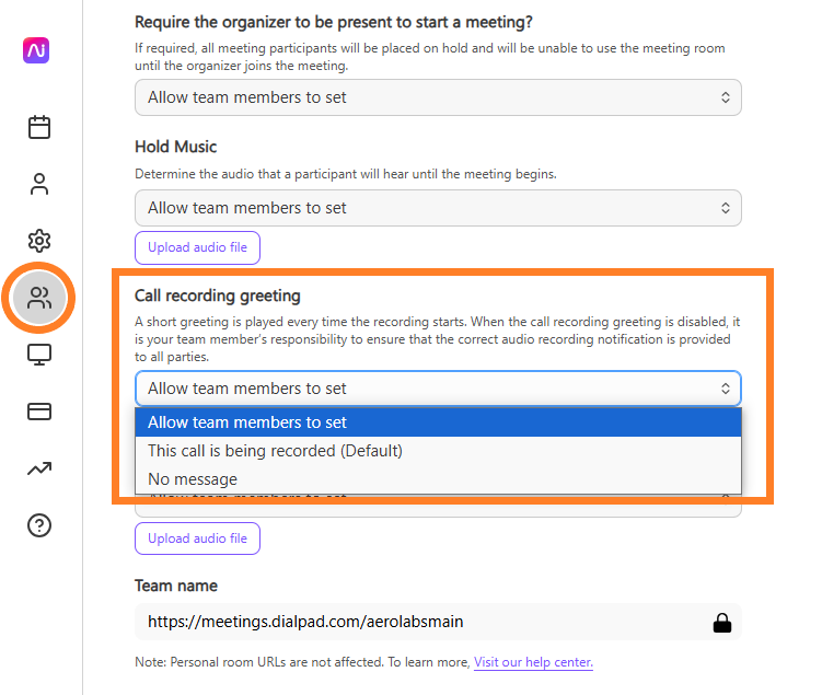 Settings for call recording greeting with options for team members and audio upload.