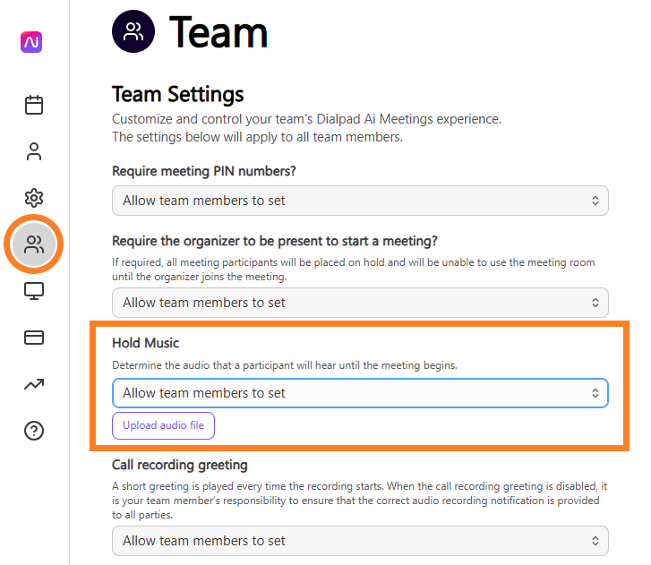 Settings for team meetings including hold music and participant options.