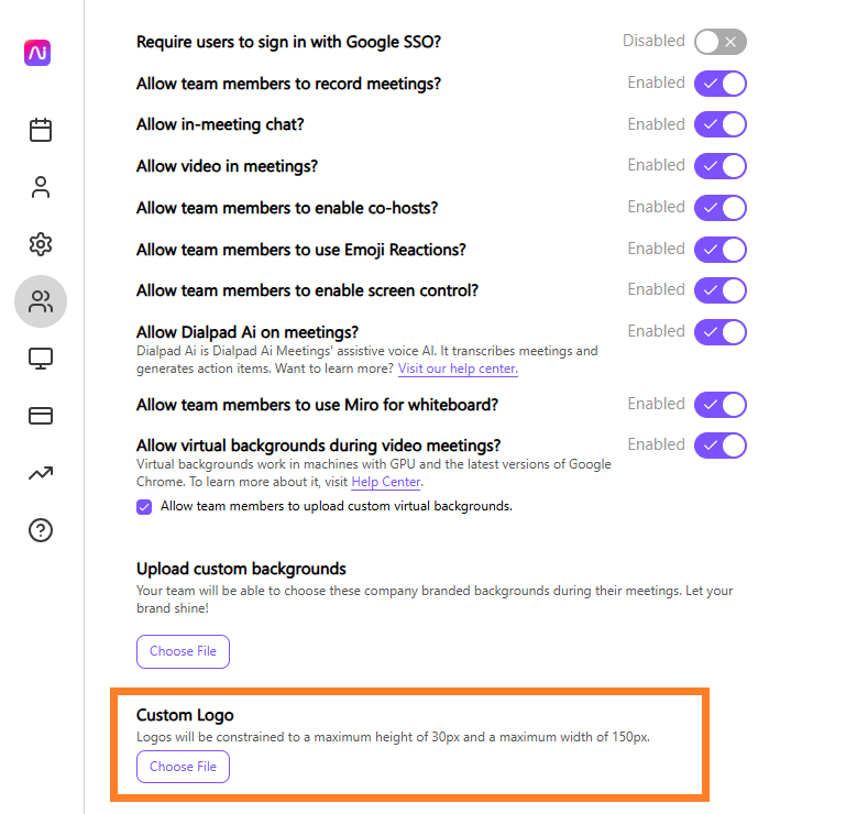 Settings for meeting features including custom logo upload and various permissions.