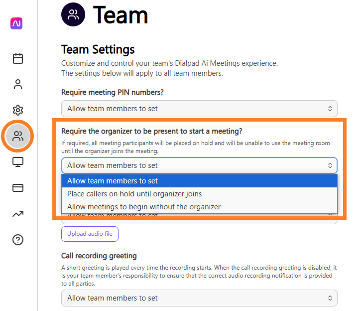 Settings for team meetings, including options for organizer presence and participant permissions.