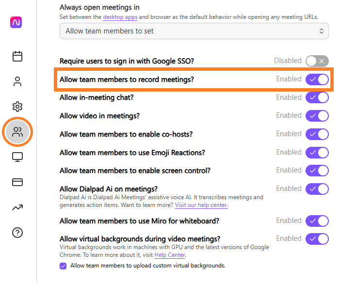 Settings menu showing options for team meeting permissions and recording features.