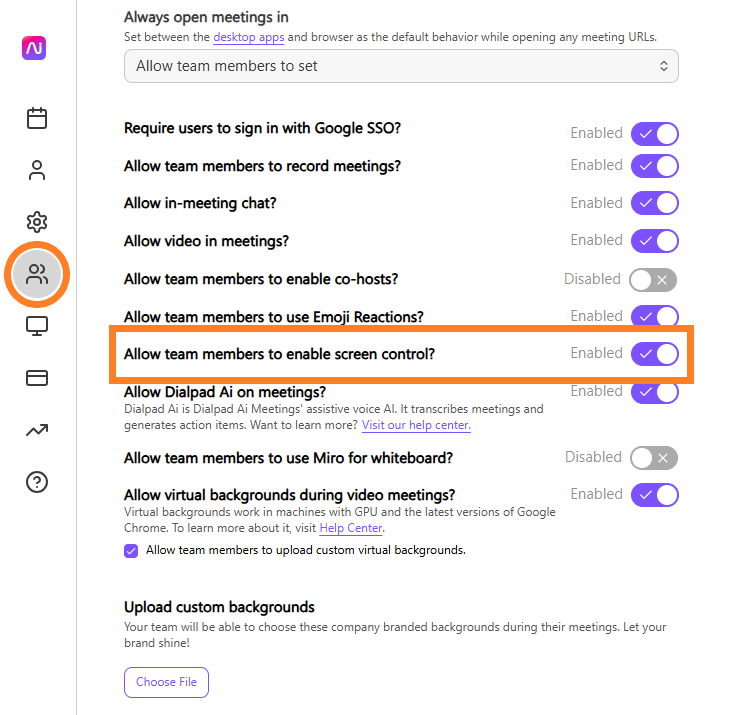 Settings menu showing options for team members in a meeting application.