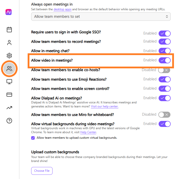 Settings menu showing options for enabling video in meetings and other features.