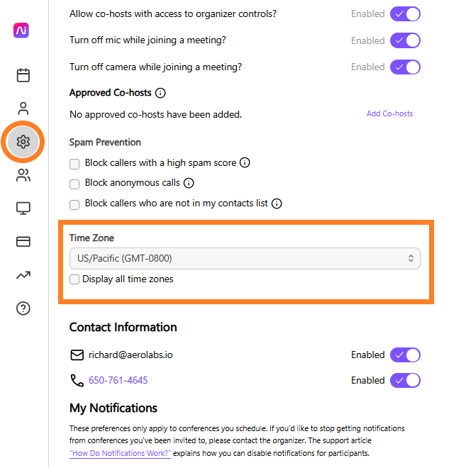 Settings menu showing time zone selection and spam prevention options for calls.