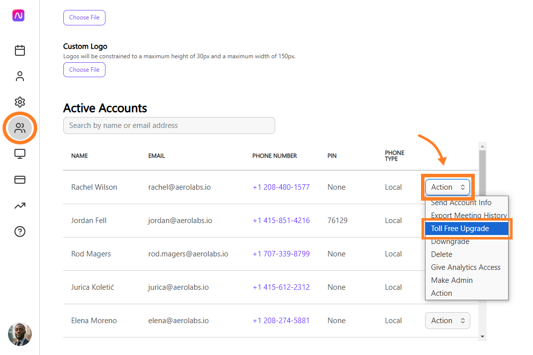 Active accounts list with options for actions like Toll Free Upgrade highlighted.