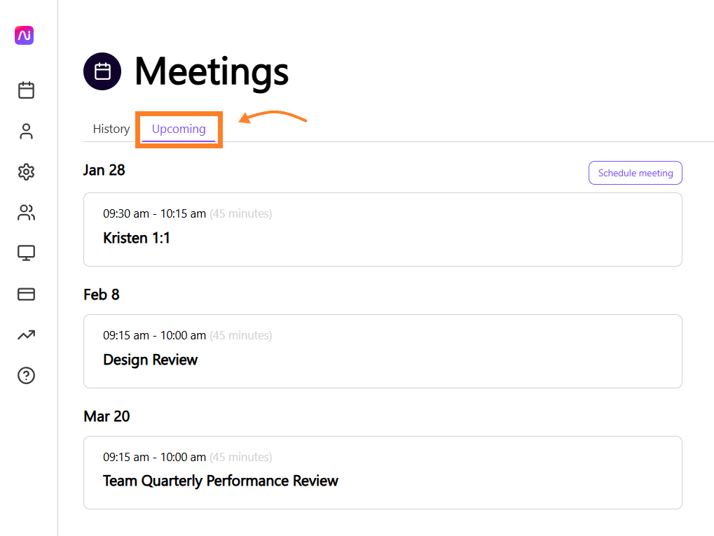 Upcoming meetings section displaying scheduled events and options to schedule new meetings.