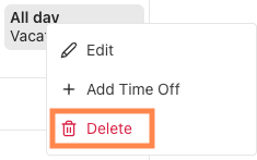 Menu options for managing vacation time, including a prominent delete option.