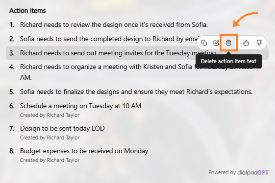 Action items list with highlighted tasks for Richard and Sofia's upcoming meetings.