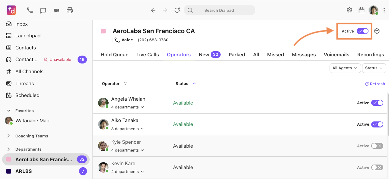 Set Active status as a department operator