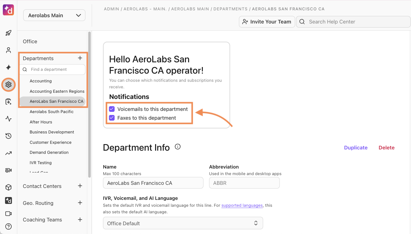 Notification settings for a department operator