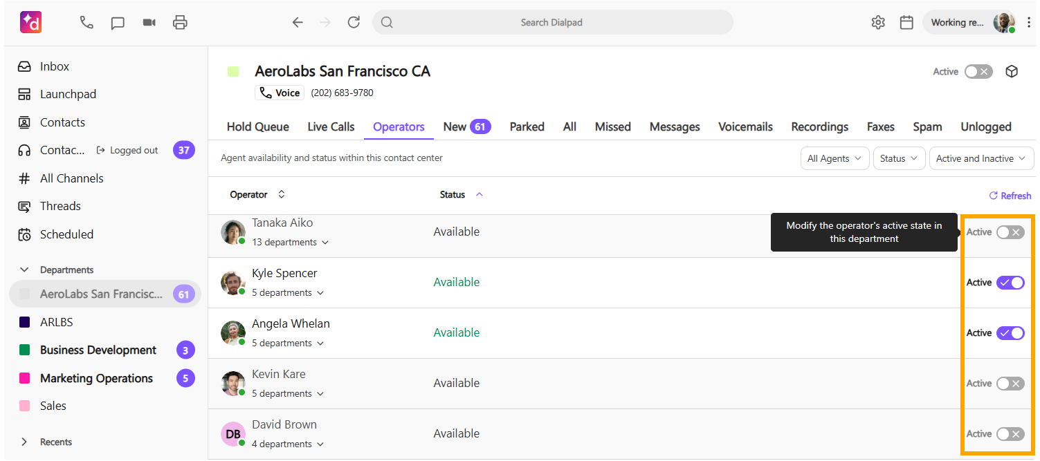 Operators' availability status in AeroLabs San Francisco contact center interface.