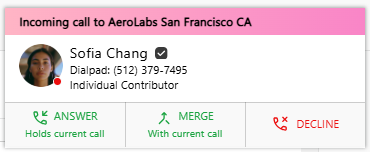 Incoming call notification for Sofia Chang at AeroLabs, with options to answer or decline.