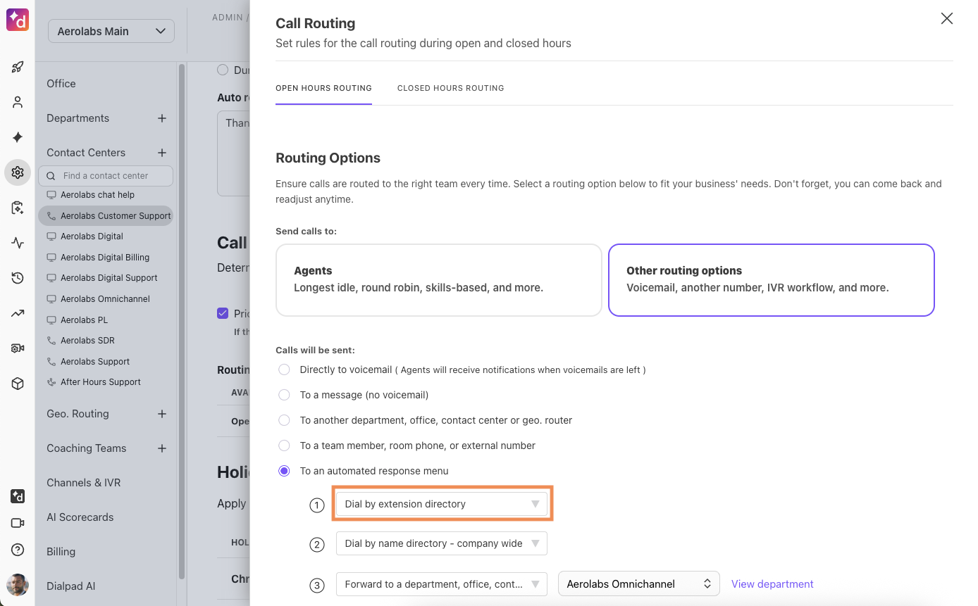 Select Dial by extension directory in Call routing settings