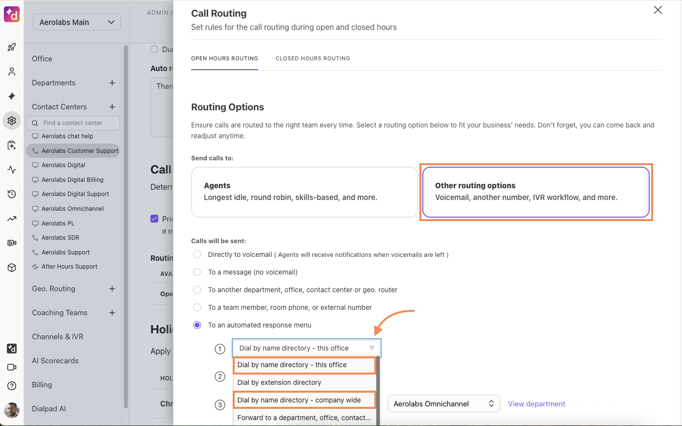 Dial by name directory selection in Call routing options