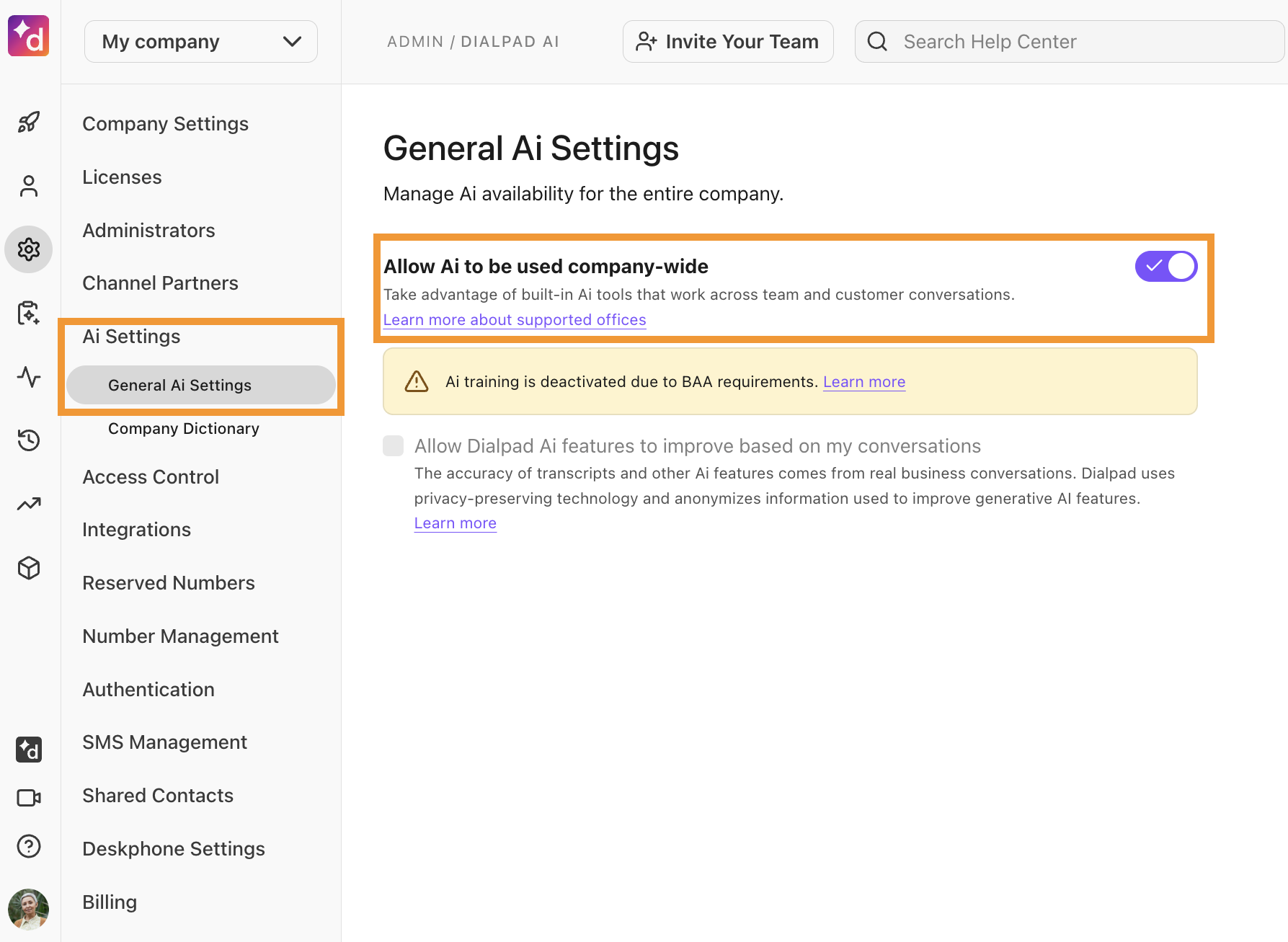 Company Settings page, showing the AISettings. The option to enable AIfor the company is highlighted.