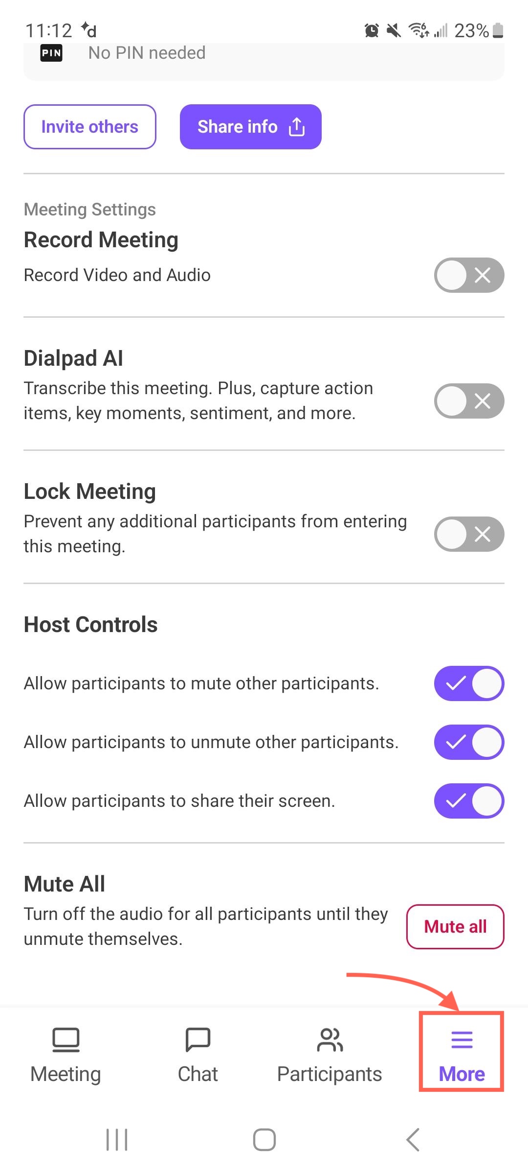 'More' tab in Dialpad Meetings for Android