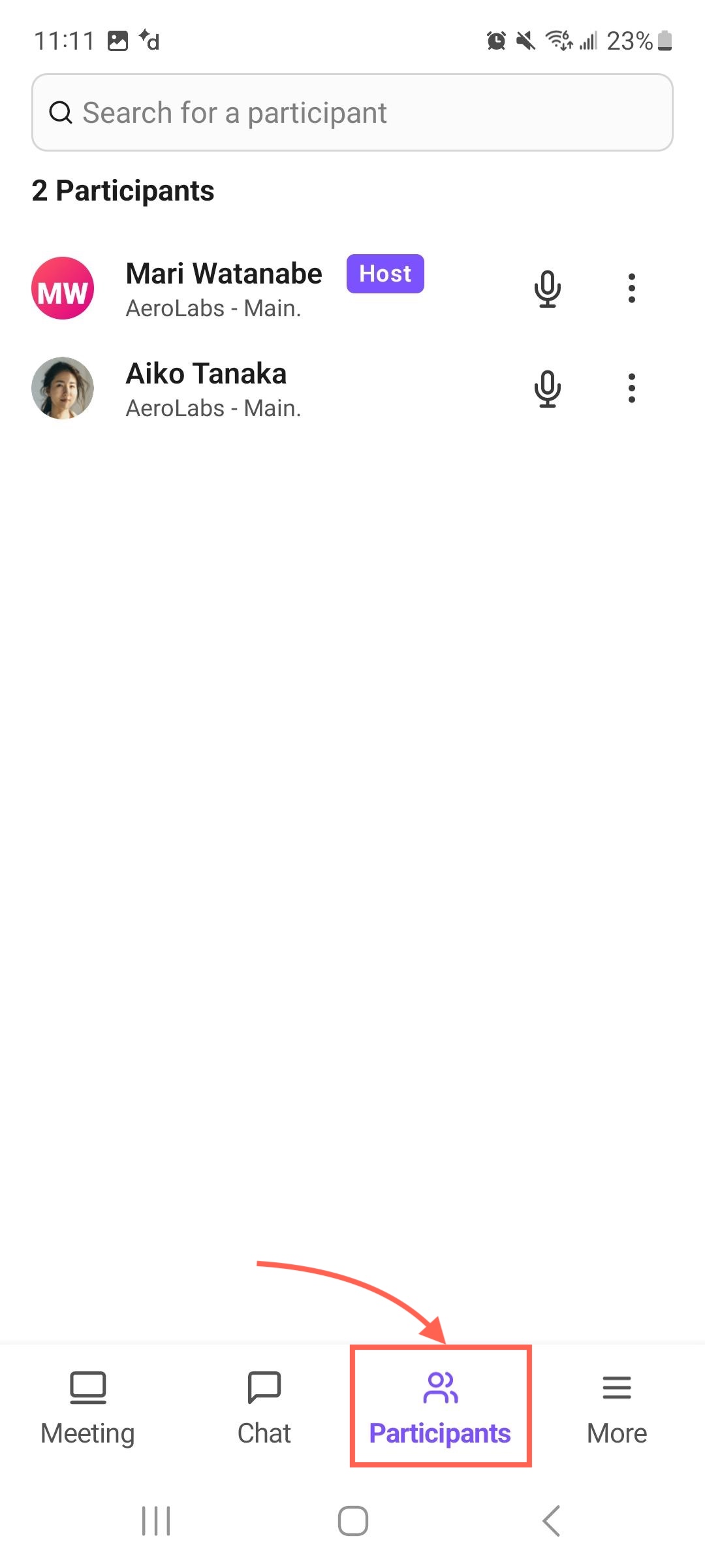 Participants tab in Dialpad Meetings for Android