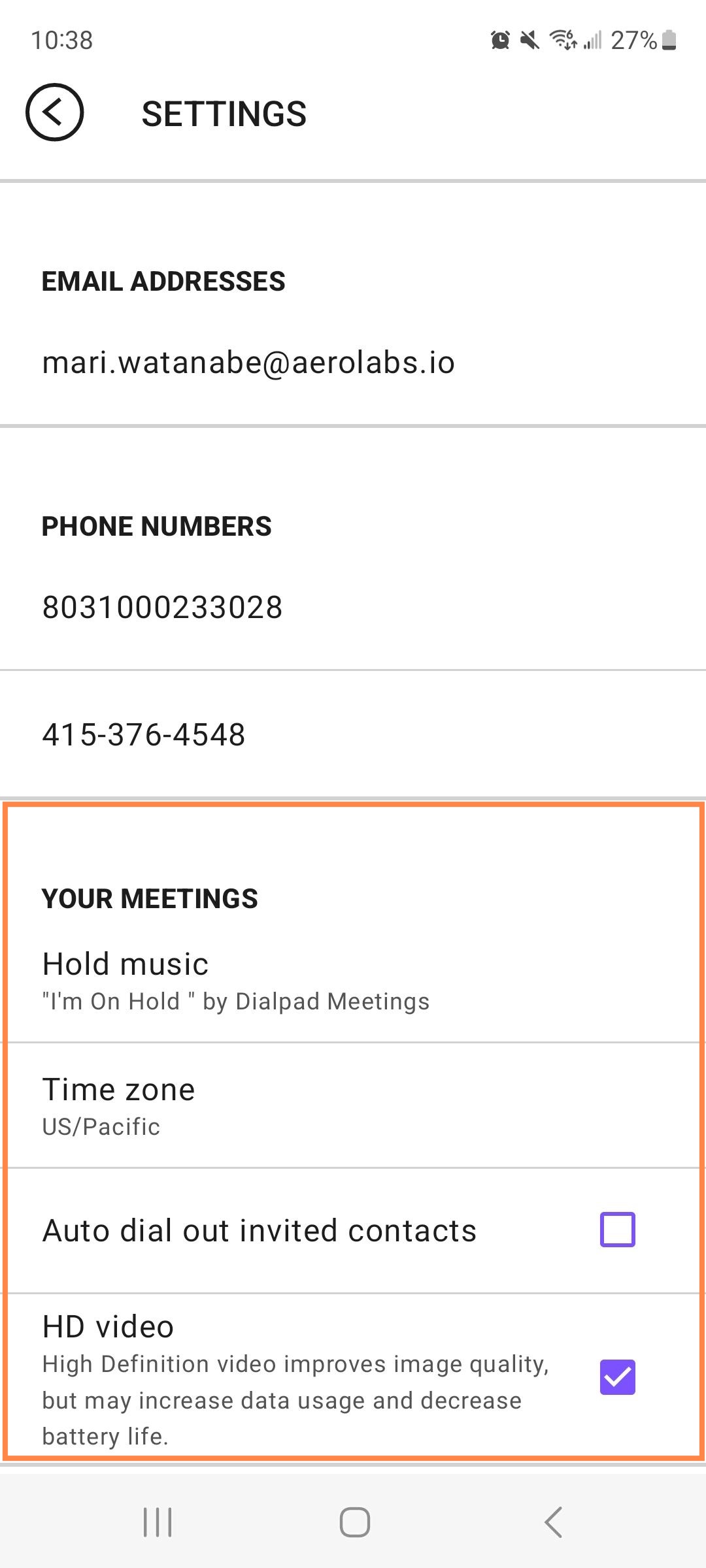 Meeting settings in Dialpad Meetings for Android