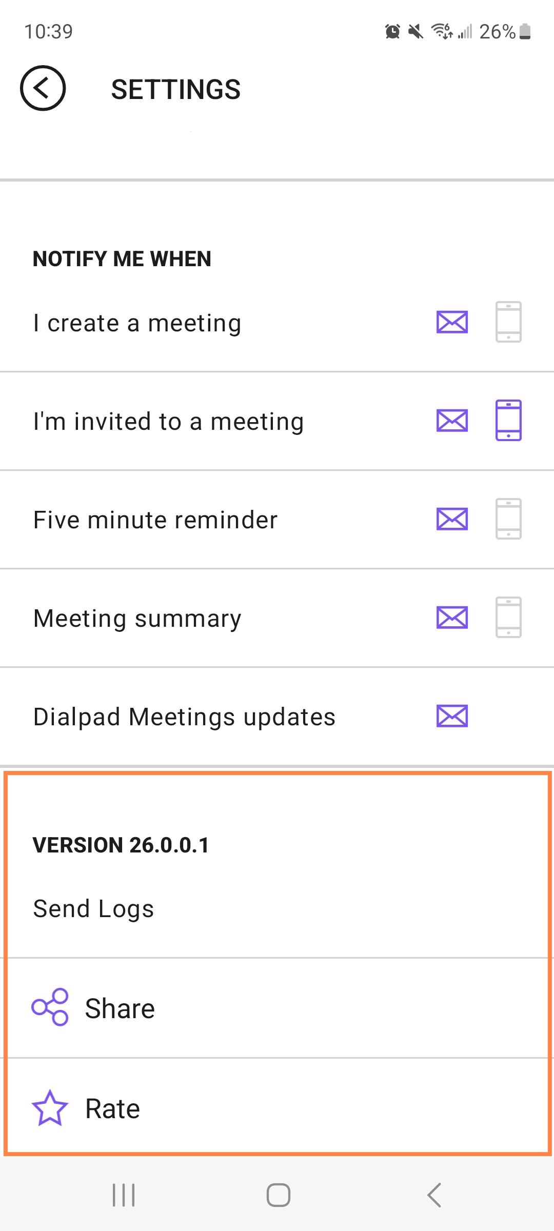 Version, Send logs, share, rate options in Dialpad Meetings for Android