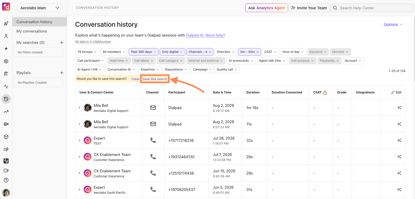 User interface displaying conversation history with options to save search results.
