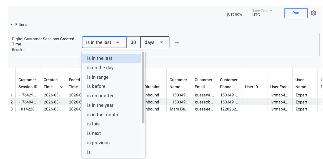 Digital Customer Sessions Report filter