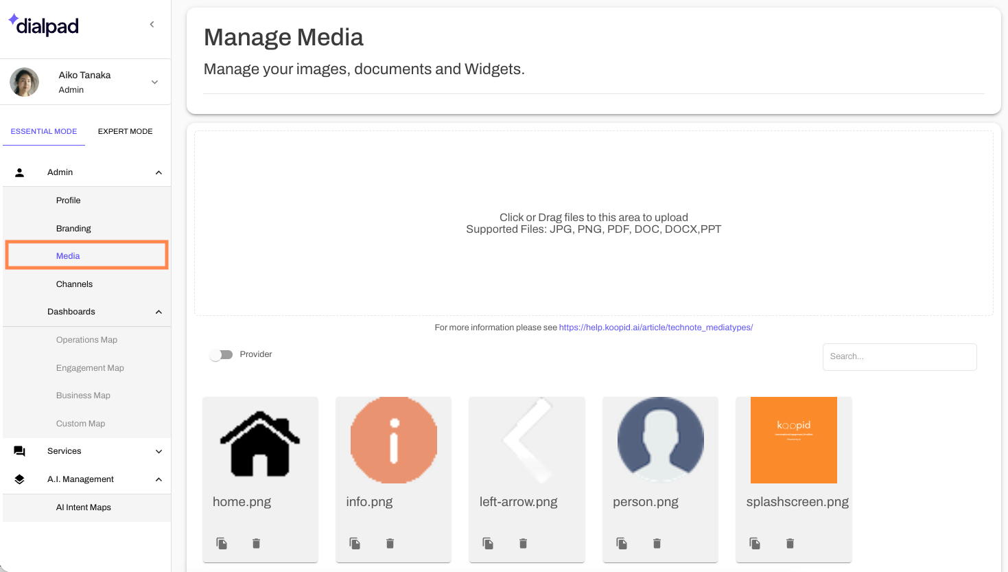Media management interface displaying upload area and various file icons for selection.