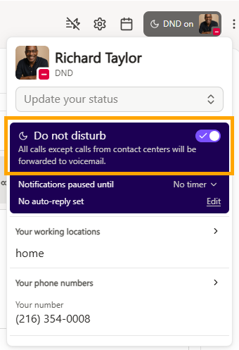 Richard Taylor's status shows 'Do not disturb' with call forwarding to voicemail.