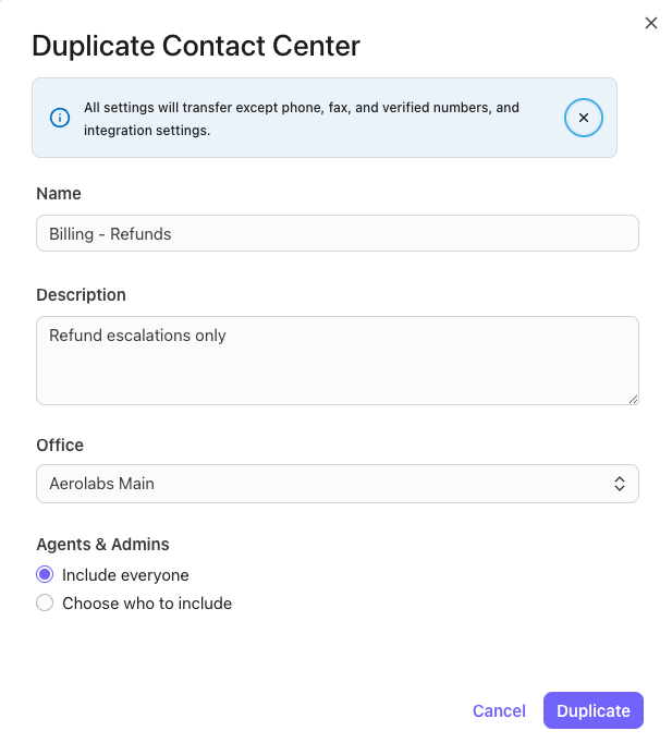 Duplicate Contact Center confirmation window