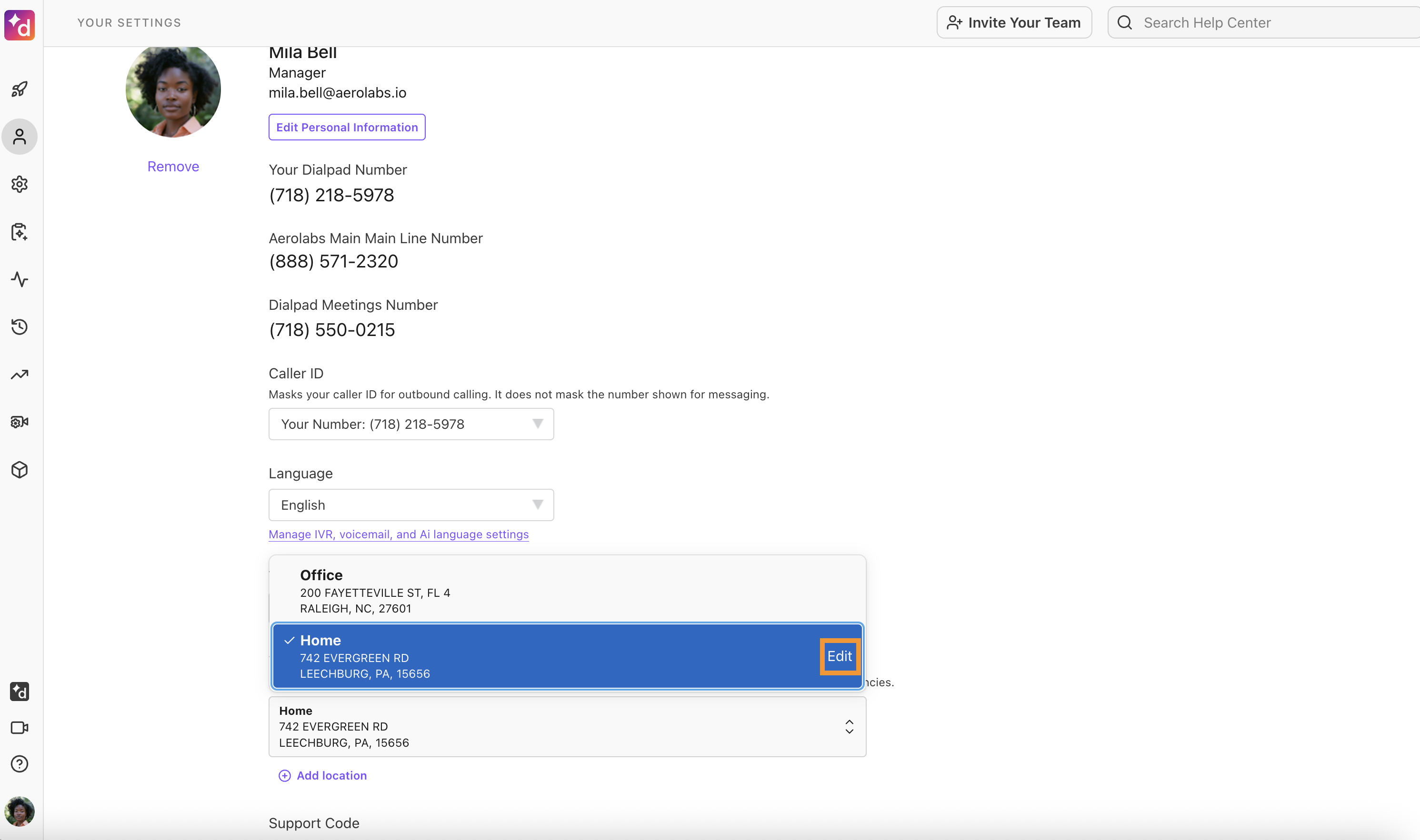 Your Settings page shows a list of working locations. The option to edit a working location is highlighted.