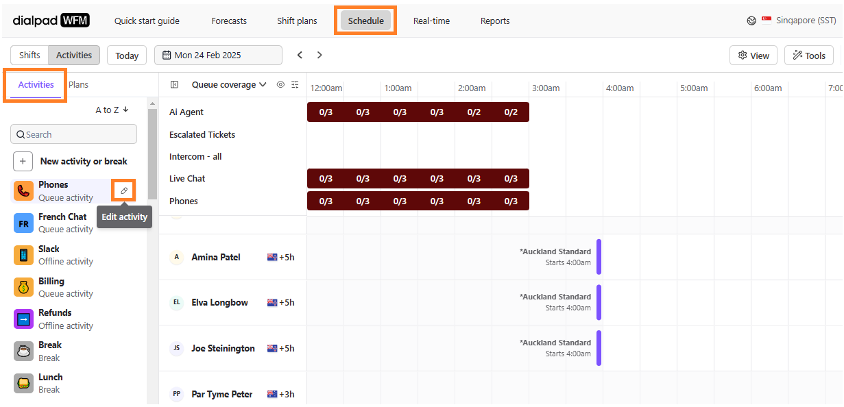 Dialpad WFM interface showing activities, schedules, and queue coverage for agents.