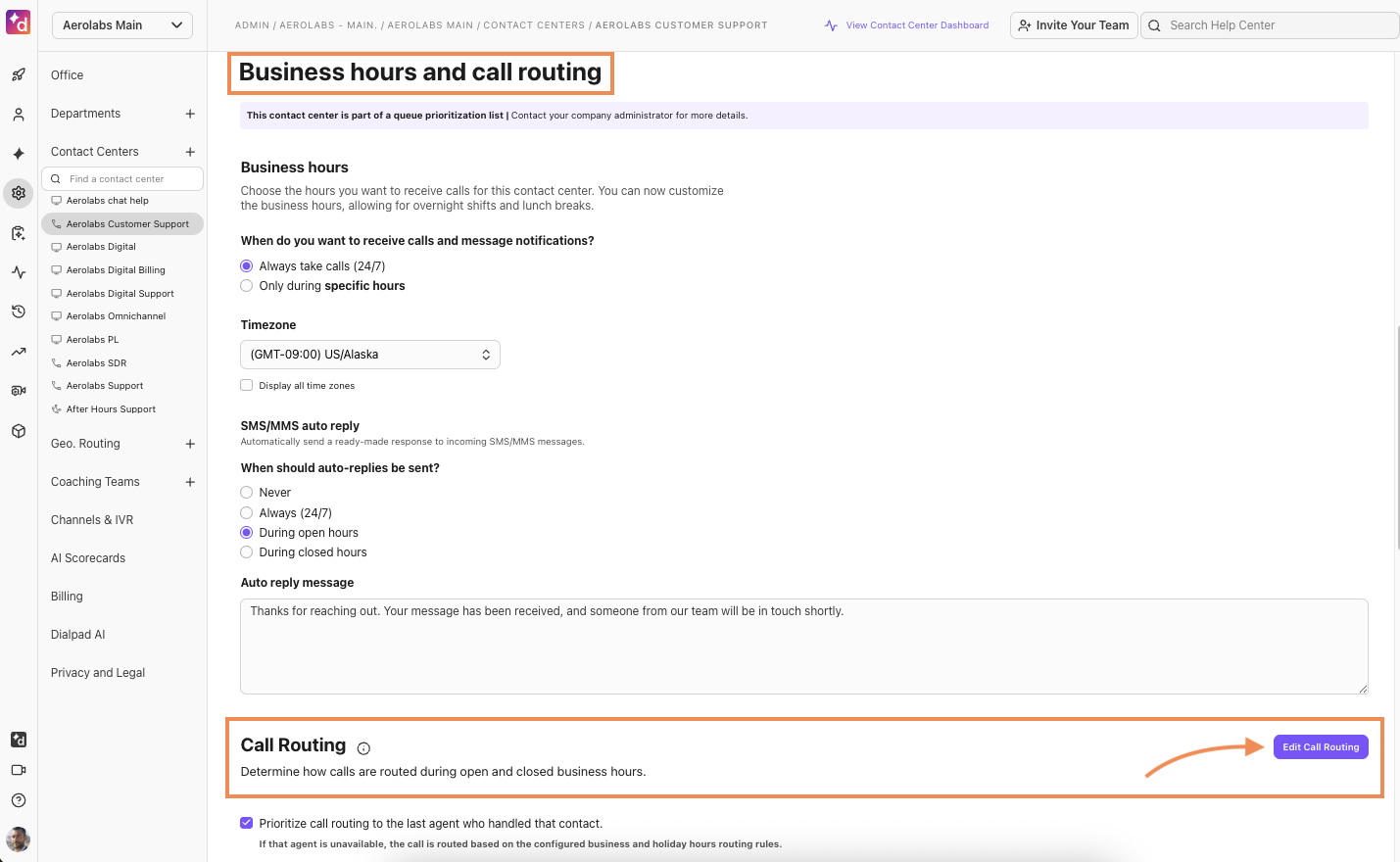 Business hours and Call routing settings
