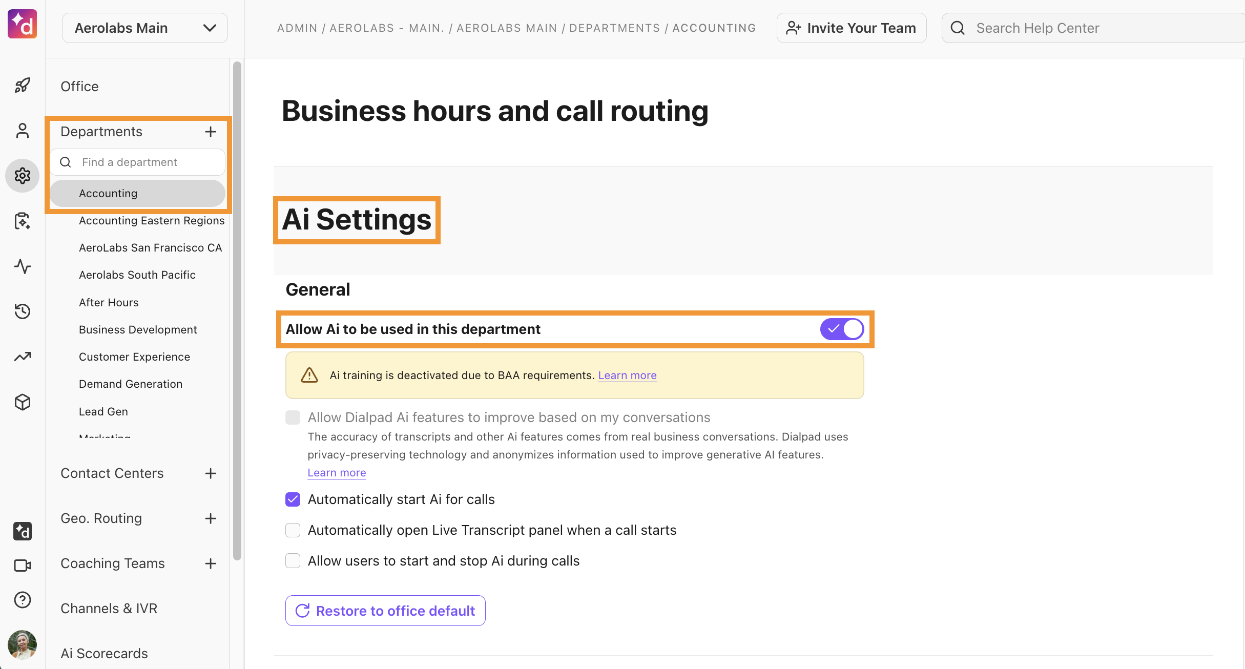 Department Settings view, showing the options for Ai. The option for enabling AIfor the department is highlighted.