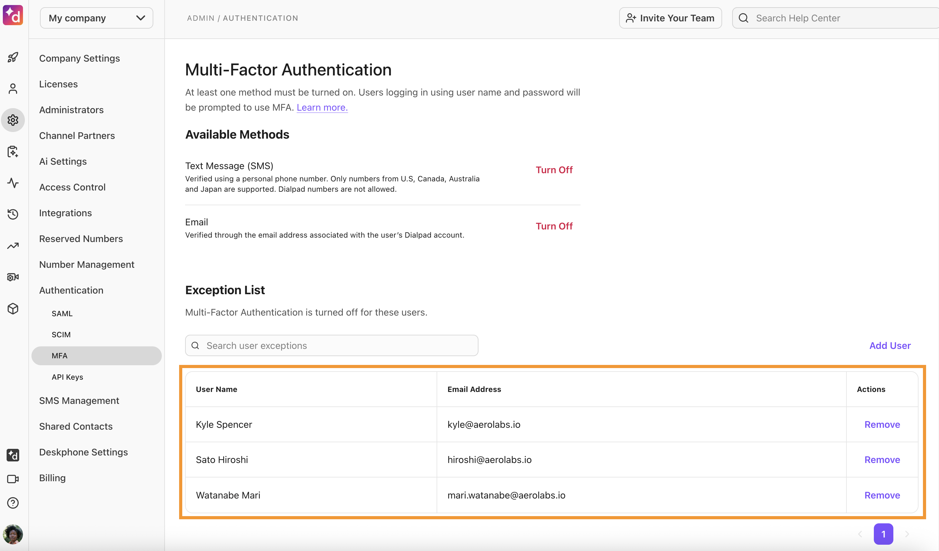 A view of the Exception List for MFA authentication.