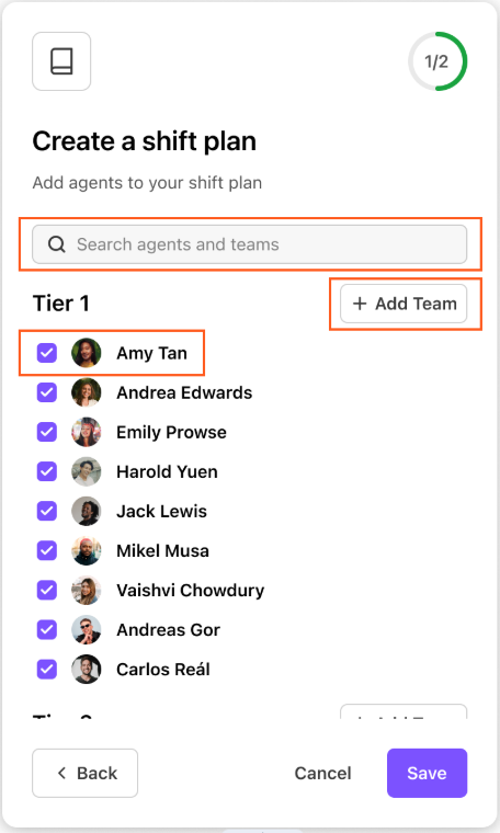 Interface for creating a shift plan with agent selection and team addition options.