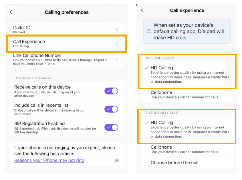 Settings for call preferences including HD calling options for inbound and outbound calls.