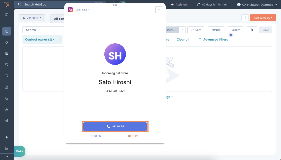 Incoming call in HubSpot