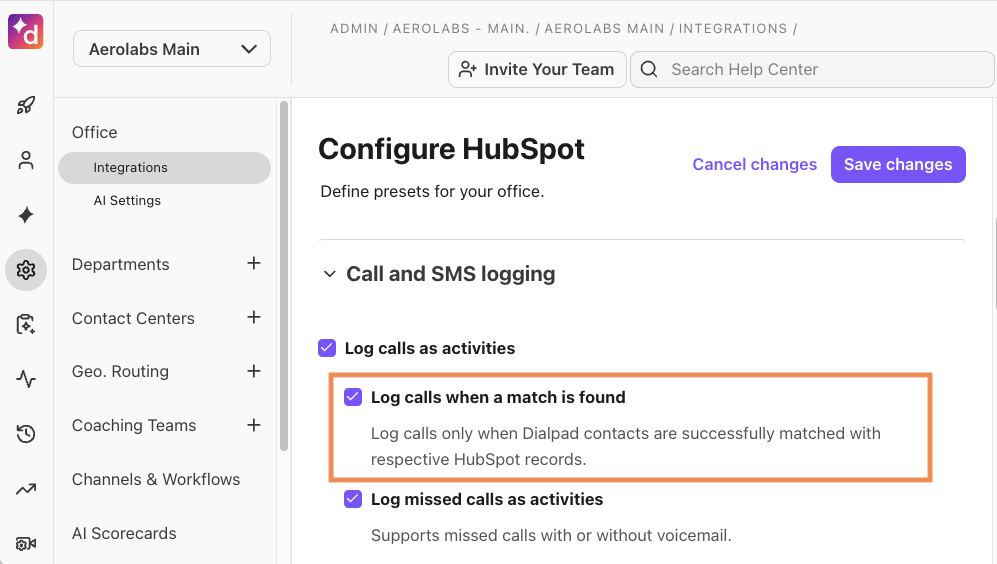Log calls when a match is found setting in HubSpot