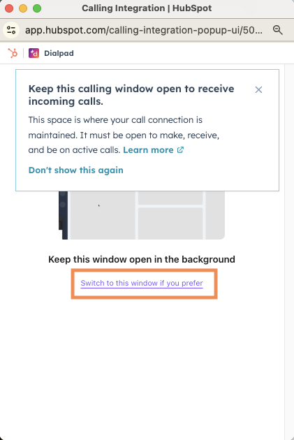 Switch to a Dialpad calling window in HubSpot